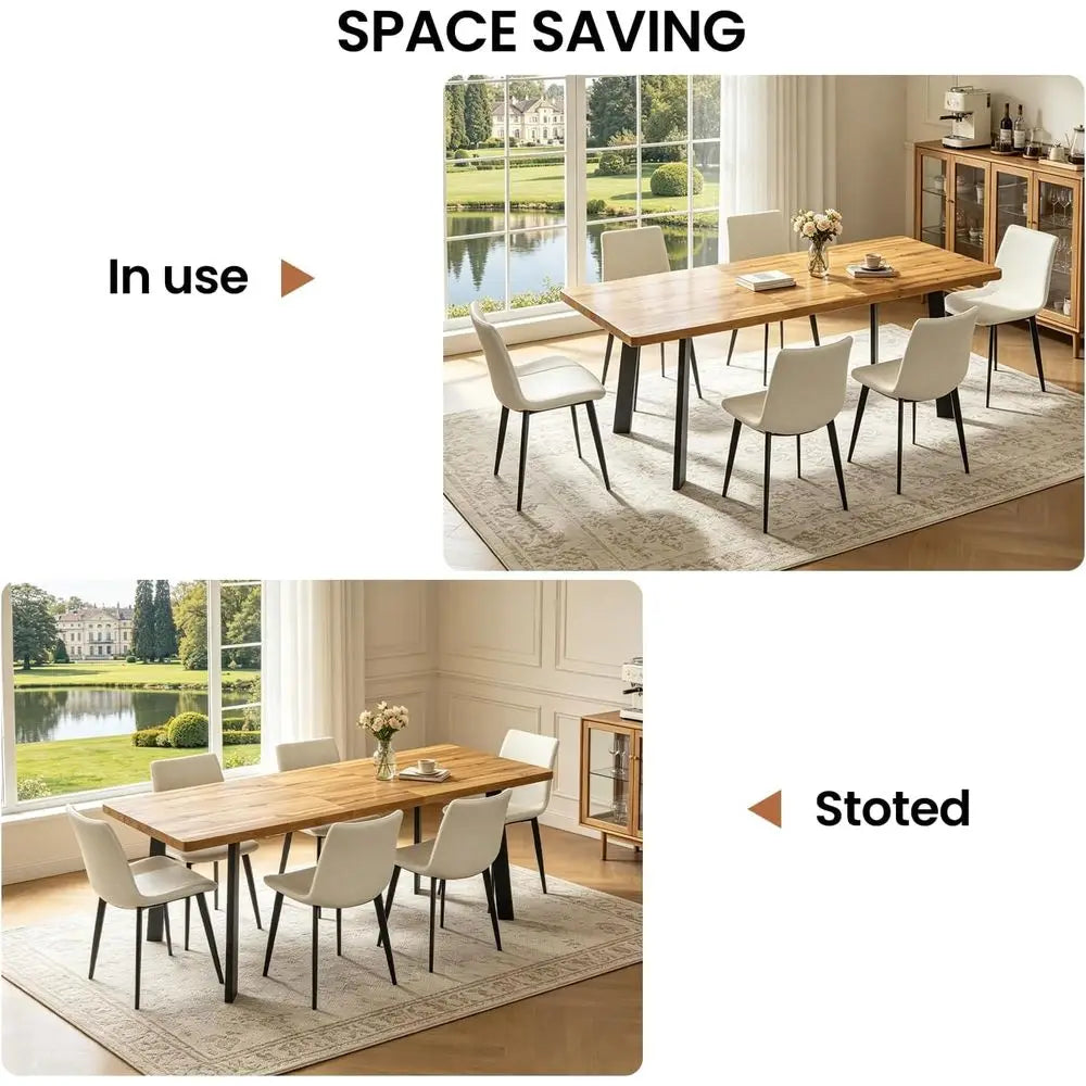 Walnut Extendable Dining Table Set for 6-8 with White Leather Chairs