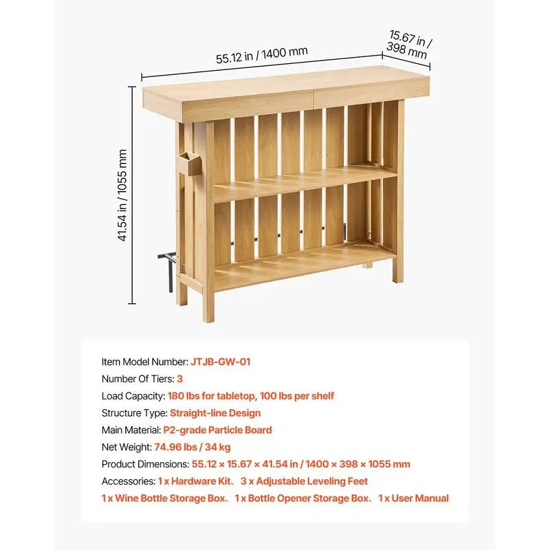 Home Bar Unit, Wine Bar Cabinet Table 3-Tier with Storage Shelves, Opener Storage Box & Adjustable Foot Pads, Black Footrest, Wood & Metal Liquor Cabinet for Home, Basement, Kitchen, Living Room
