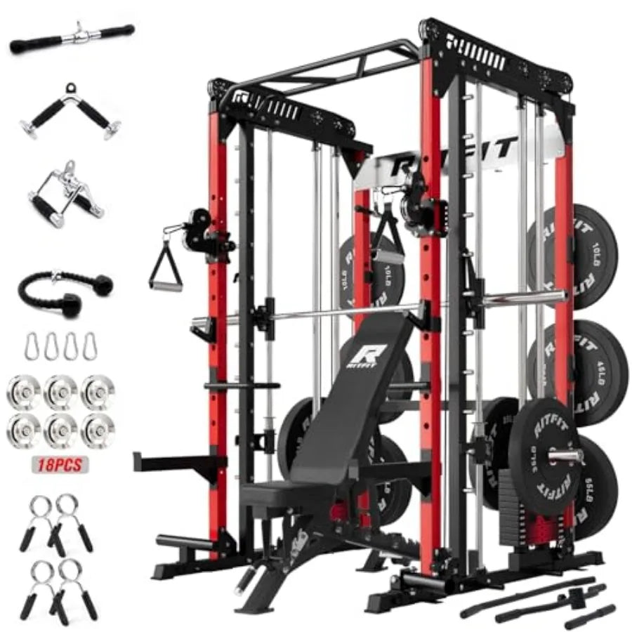 M Pro Smith Machine Package, All-in-One Power Cage with Weight Stack Set, Includes LAT Pulldown and Cable Crossover System for