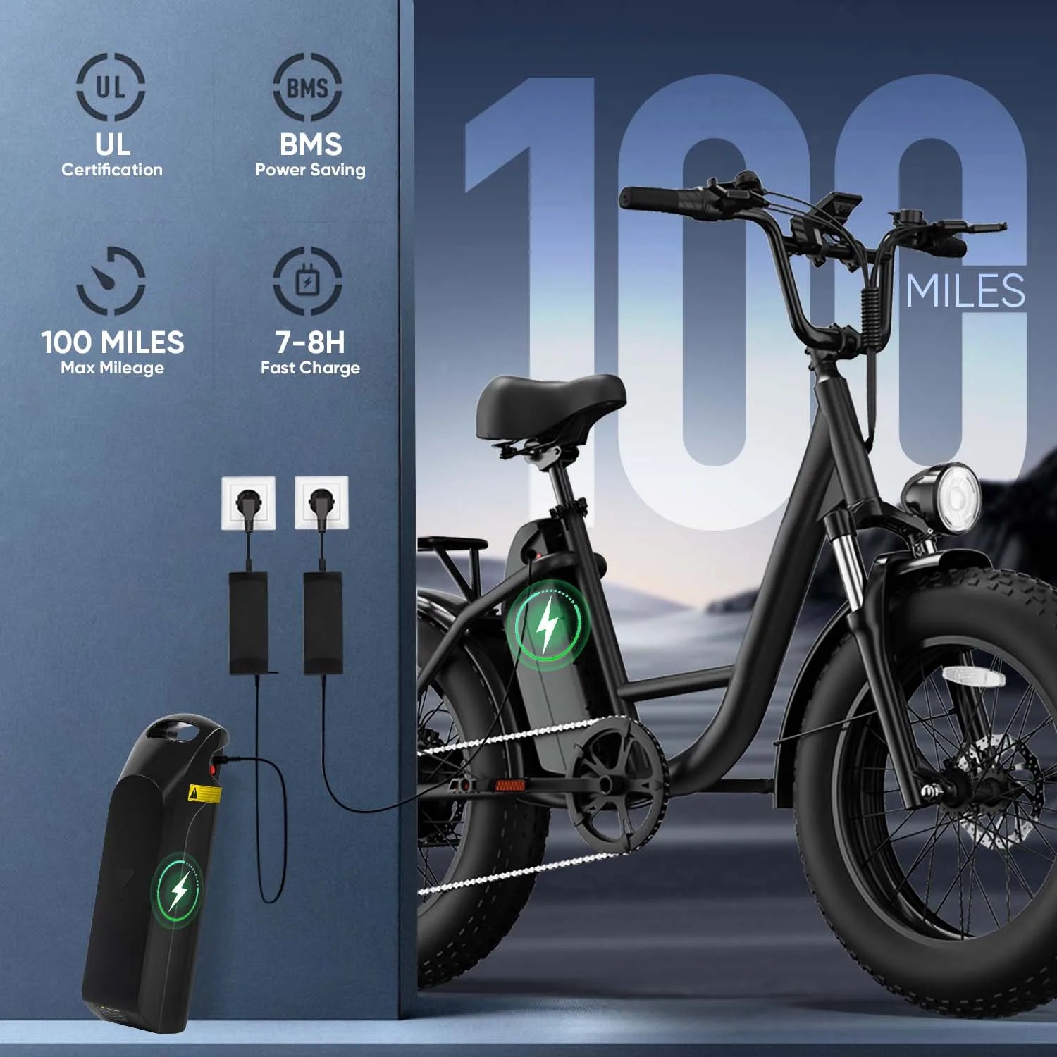 20" Fat Tire Step-Thru Electric Bike, 48V 500W Peak Motor Removable 13Ah Battery E-Bike, Max 45km/h, Shimano 7-Speed, Dual Disc Brake Front Suspension City Commuter Ebike, LCD Color Display, 60km Pure Electric Range, 100km Pe