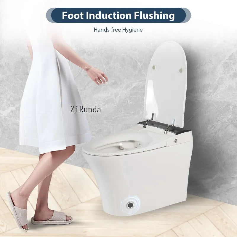 Heated Seat Smart Toilet, One Piece Toilet, Automatic Flush Tankless Toilet without Bidet, with Foot sensor Flush, Blue Night Light, Knob Control, Power Outage Flushing, Soft Close Cover,White