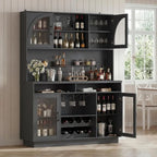 71 Tall Black Wine Bar Cabinet with Charging Station, LED Lights and Anti-Tip Feature for Home Dining or Living Area