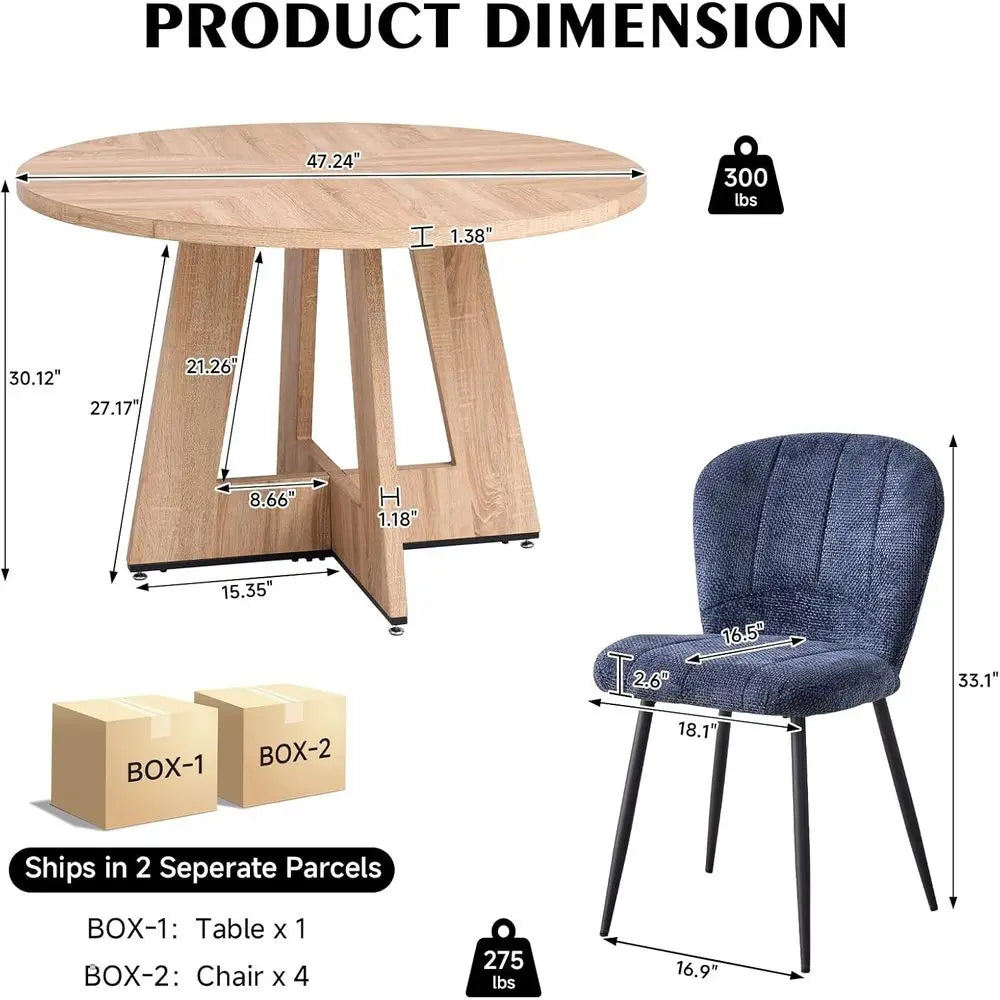 47 Round Solid Wood Dining Set with 4 Chenille Chairs, Thick 1.38 Table Top