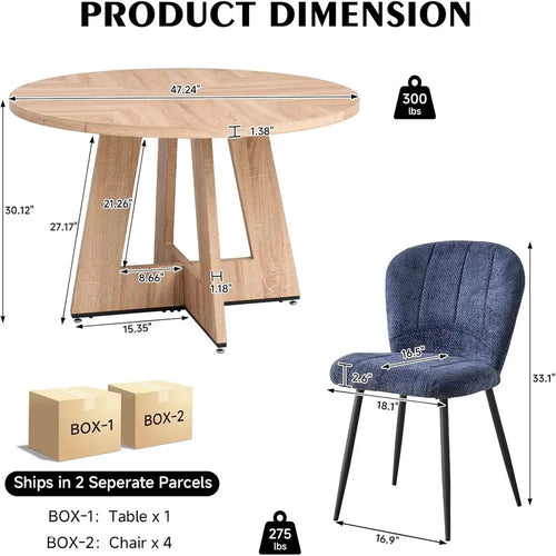 47 Round Solid Wood Dining Set with 4 Chenille Chairs, Thick 1.38 Table Top