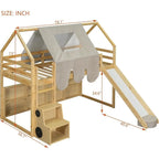 Twin Bed with Slide, Wooden House-Themed Play Loft, Ladder, Shelves, and Tent, Natural