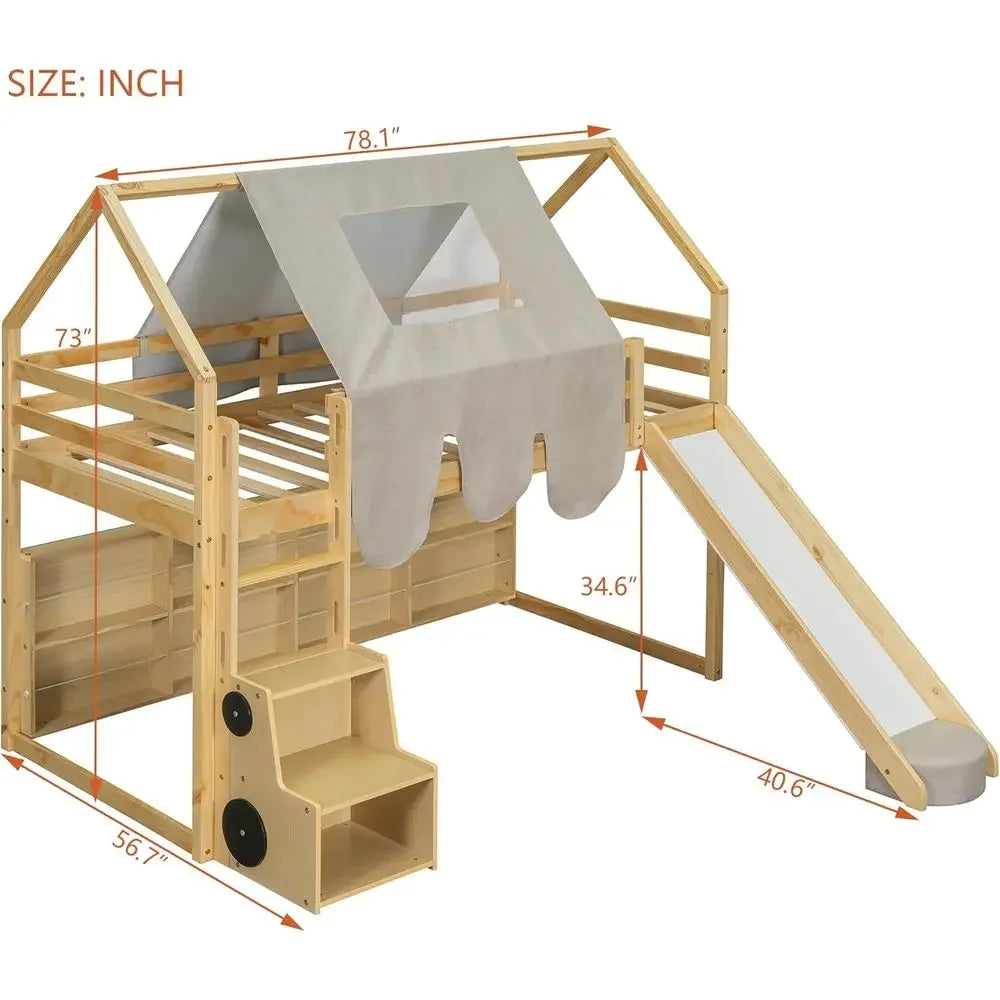 Twin Bed with Slide, Wooden House-Themed Play Loft, Ladder, Shelves, and Tent, Natural