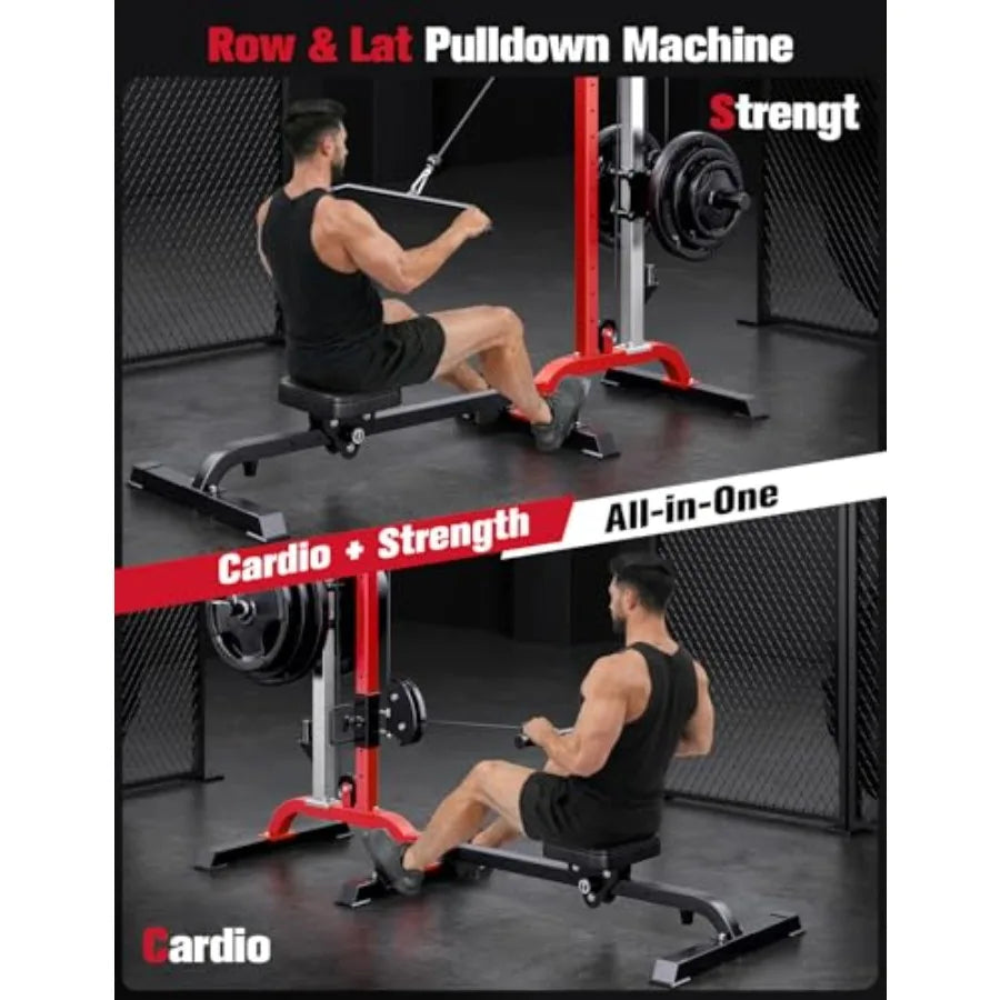 Home gym rowing cable machine LAT pulldown station: steel frame, black, 2-in-1 adjustable foldable design with 6 attachments, 4