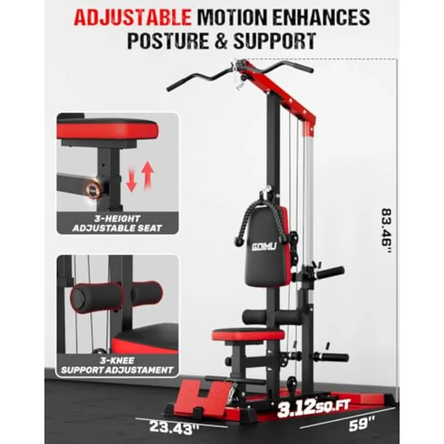 Home gym LAT pulldown machine, steel frame, black, 3-in-1 cable station with AB crunch and row attachments