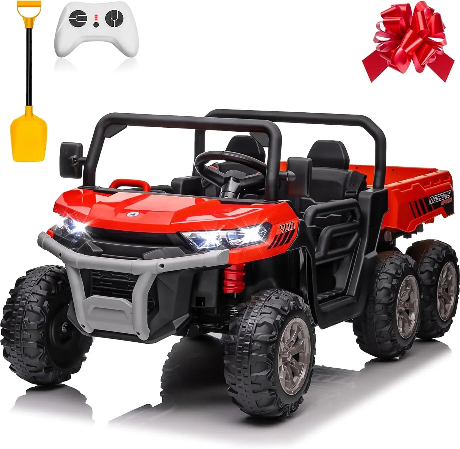 4x4 24V Ride on Dump Truck with Remote Control, 2 Seater Electric Powered Ride on Toys, 6-Wheel UTV Car w/ Tipping Bucket Trailer, Shovel, Suspension, Bluetooth Music,