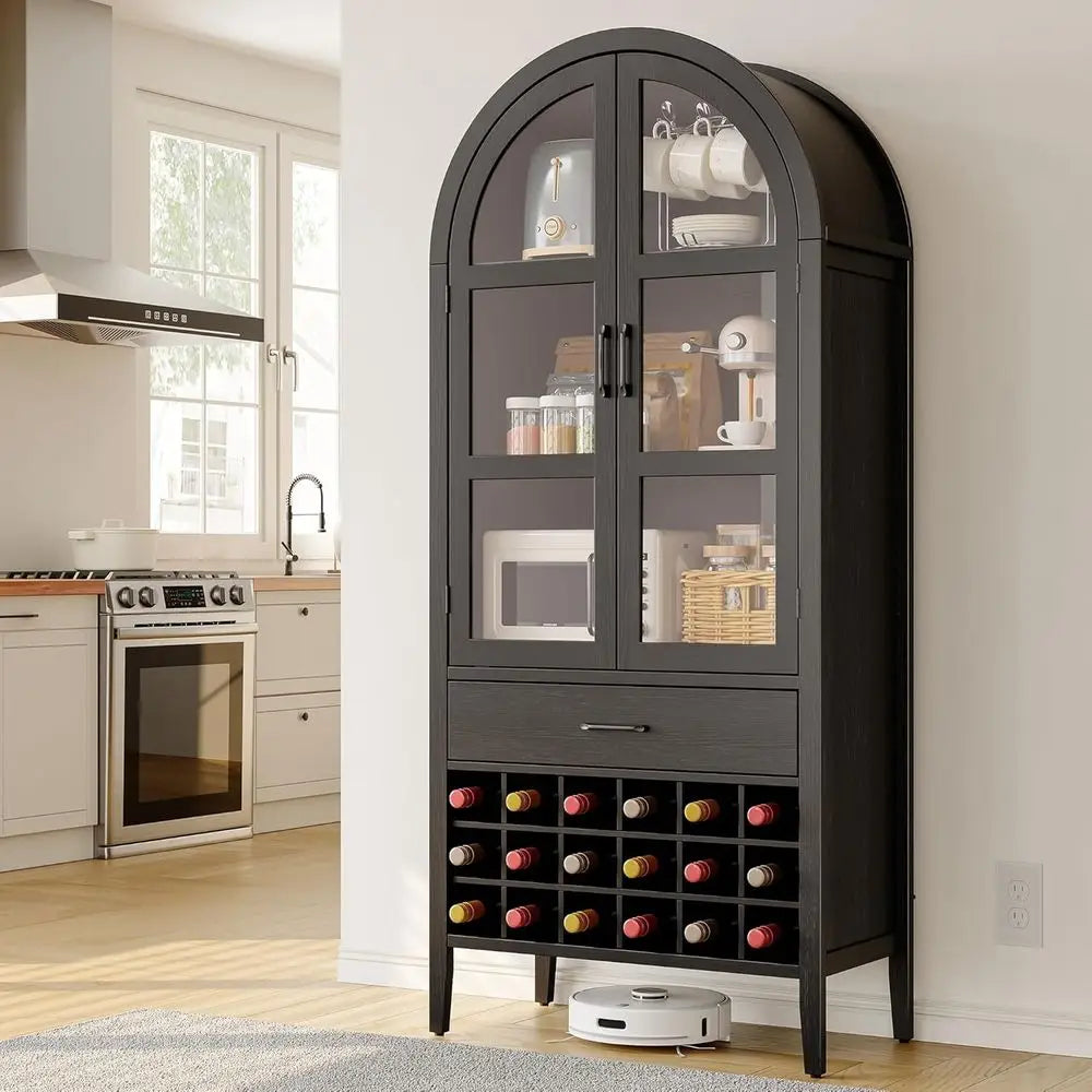 71 High Arched Wine Storage Cabinet with Bar and Shelves, Suitable for Home, Kitchen, Pantry, or Dining Area (Black)