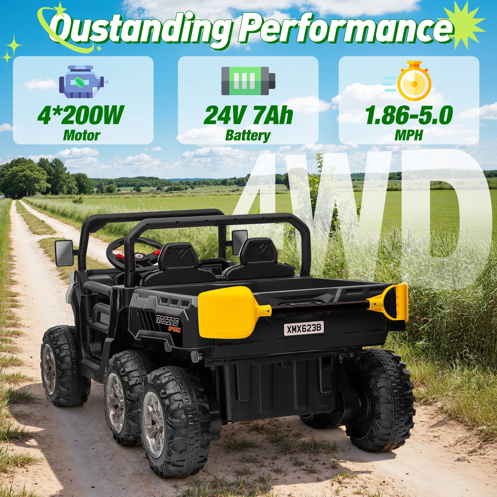 4x4 24V Ride on Dump Truck with Remote Control, 2 Seater Electric Powered Ride on Toys, 6-Wheel UTV Car w/ Tipping Bucket Trailer, Shovel, Suspension, Bluetooth Music,