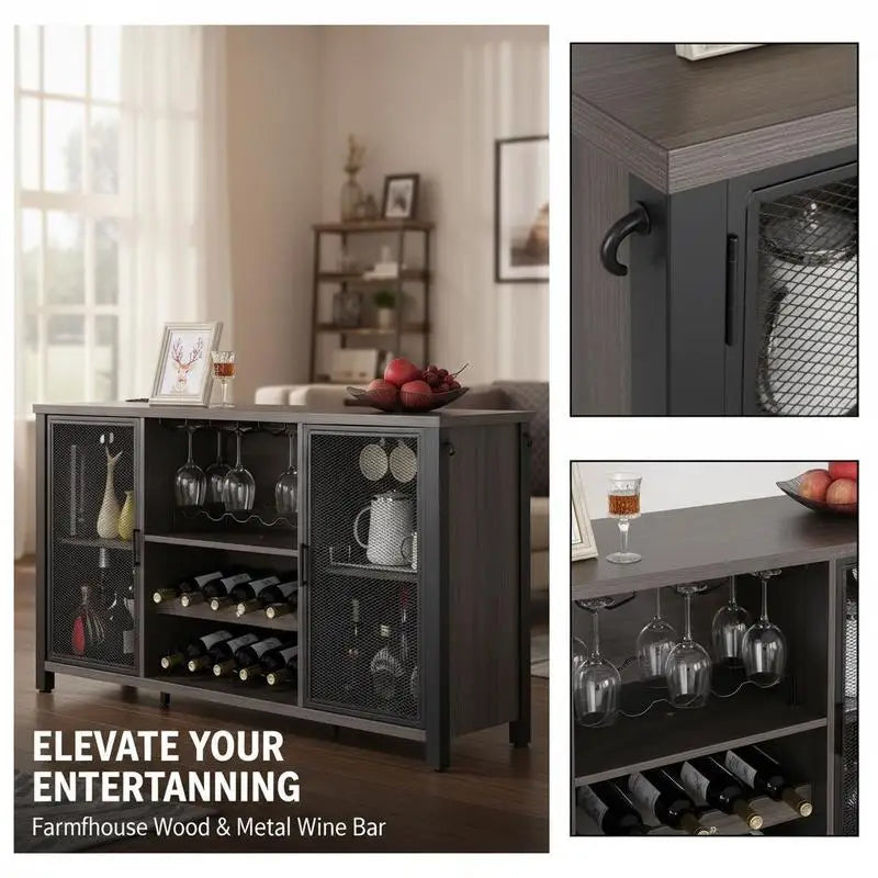 Industrial Drinks Credenza 47 Inch For Kitchen Home Bar Living Room, Sideboard Buffet Wine Rack Farmhouse Wood Furniture Storage Cabinet