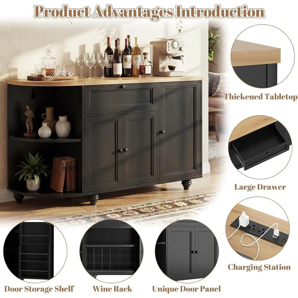 55 Coffee Bar with Outlet, Wine Rack Cabinet, Home Coffee Bar, Buffet Sideboard Storage for Kitchen, Dining, Living Rooms in Bla