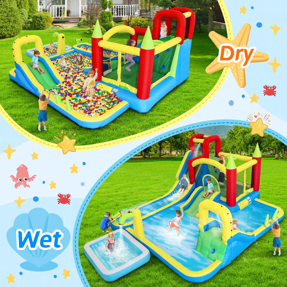 11 in1 Inflatable Slide Water Park Dry and Wet Slides Large Pool Water Gun Trampoline Climbing Wall Basketball Hoop and Ring Toss Game Outdoor Indoor Backyard Party Bounce Castle for Kids