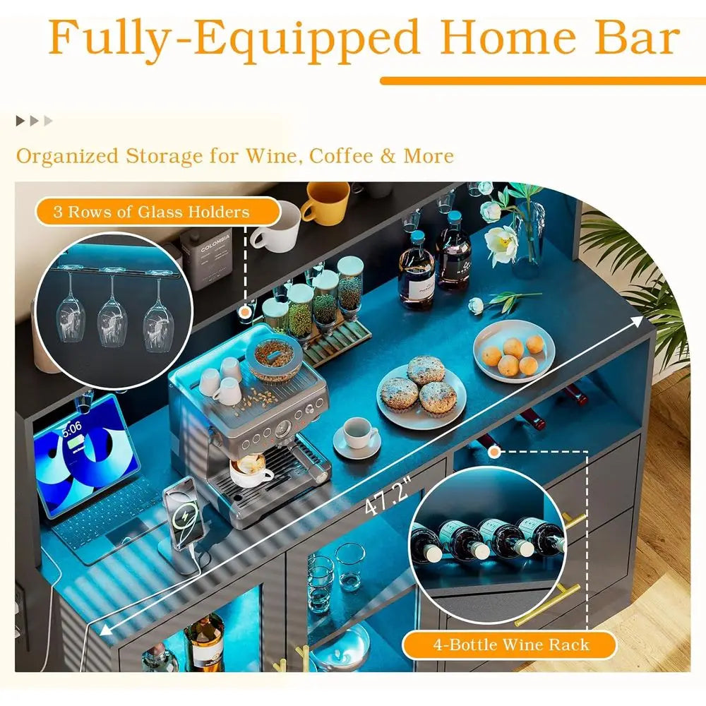 All-in-One Black Home Bar Cabinet with RGB LED Lighting, Wine & Coffee Storage, Racks, and Charging Station