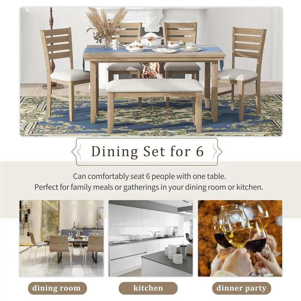 Rustic 6-Piece Wooden Dining Set with Table and 4 Chairs Including Bench (Natural)