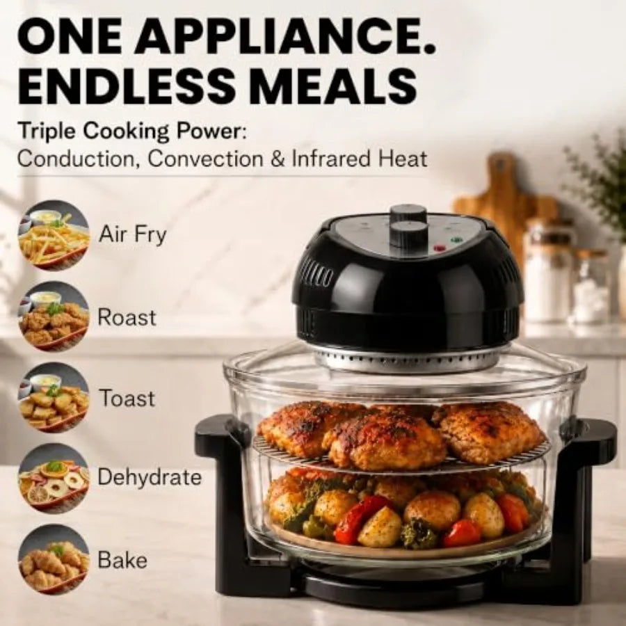 16 Qt Large Glass Air Fryer Non Toxic, Black PFOA/PTFE/BPA Free, Large Family Sized Airfryer Cooker with 3 Cooking Sections, No
