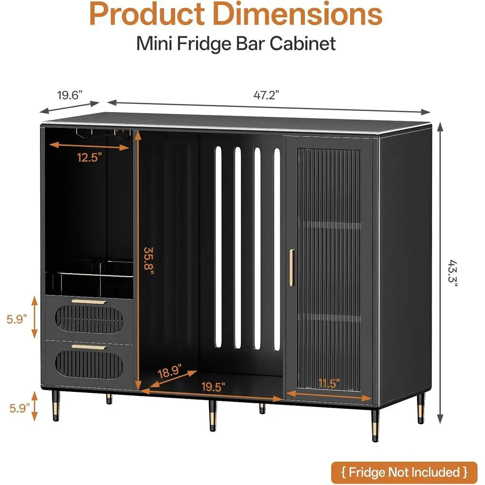 Elegant 47.2 Wide Coffee Bar Cabinet with Ridge Space, Gold Accents, and Wine Glass Rack for Home Storage