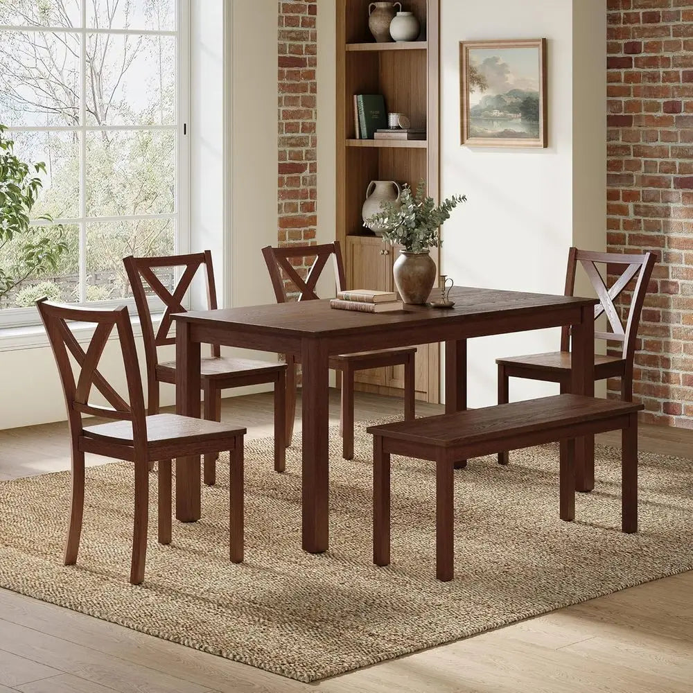 Rustic 59 Wooden Dining Table with 4 Chairs & Bench, Space-Saving 6-Piece Set in Walnut