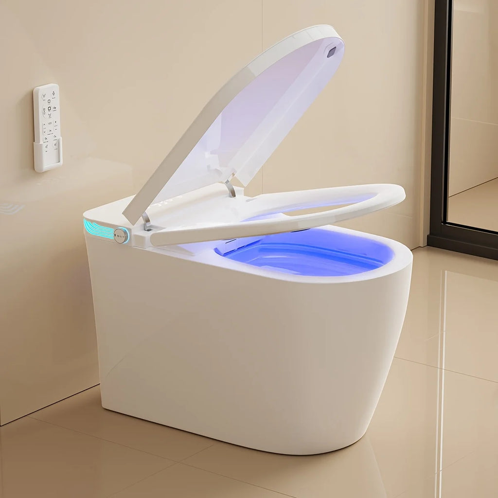Smart Bidet Toilet with Heated Seat, Warm Air Dryer, Auto-Lift Soft-Close Lid, Touchless Flush, Tankless Heating System, Elongated Bowl Design – Modern Comfort Bathroom Upgrade