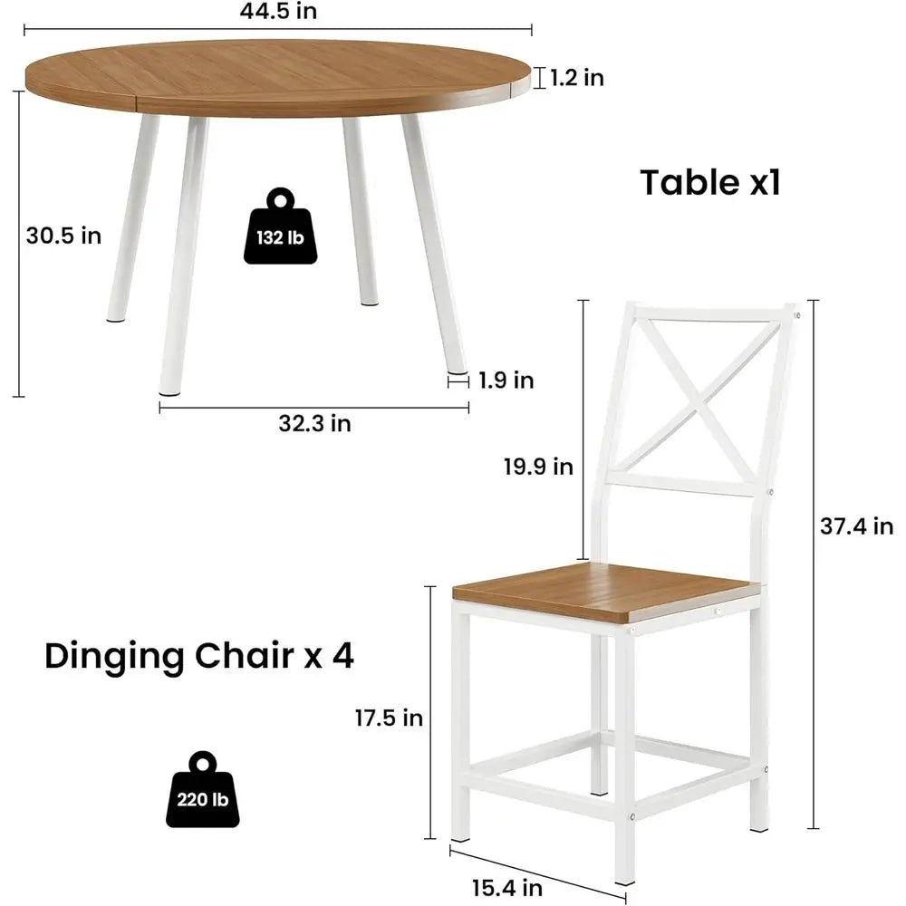 4-Person Round Kitchen Table with 4 Stools, 44.5 Drop Leaf Desk, Space-Saving Natural Wood Dining Set