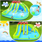 7 in1 Inflatable Water Park Three Slide with Blower Water Gun Sprinkler Fountain Climbing Wall for Children
