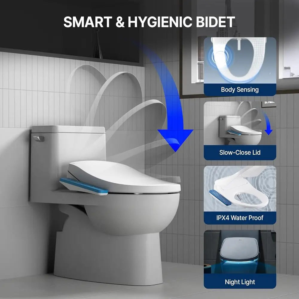 N31 Electric Heated Bidet Toilet Seat Elongated, Warm Water, Smart Heated Water Luxury Bidet Toilet Seat with Night Light, Self
