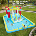 14FT Inflatable Bounce House Jump House For Kids With Slide, 350W Blower, 7-in-1 Indoor Outdoor Water Park Splash Pool