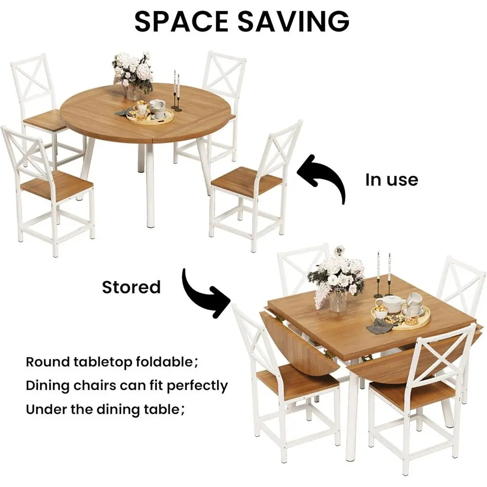 4-Person Round Kitchen Table with 4 Stools, 44.5 Drop Leaf Desk, Space-Saving Natural Wood Dining Set