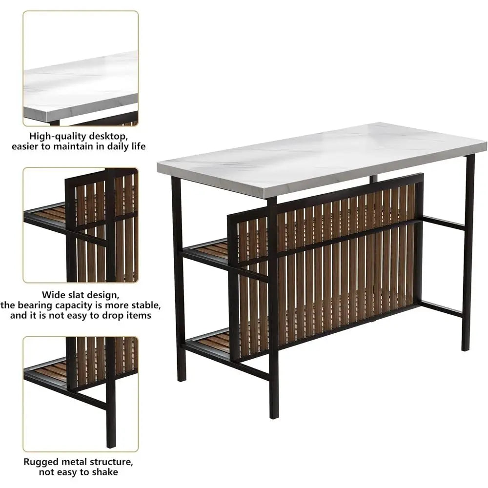 3-Piece Pub Furniture Set, 2 Bar Stools, Marble Dining Set for 2, Counter Height Table with Storage, White Kitchen Island with S