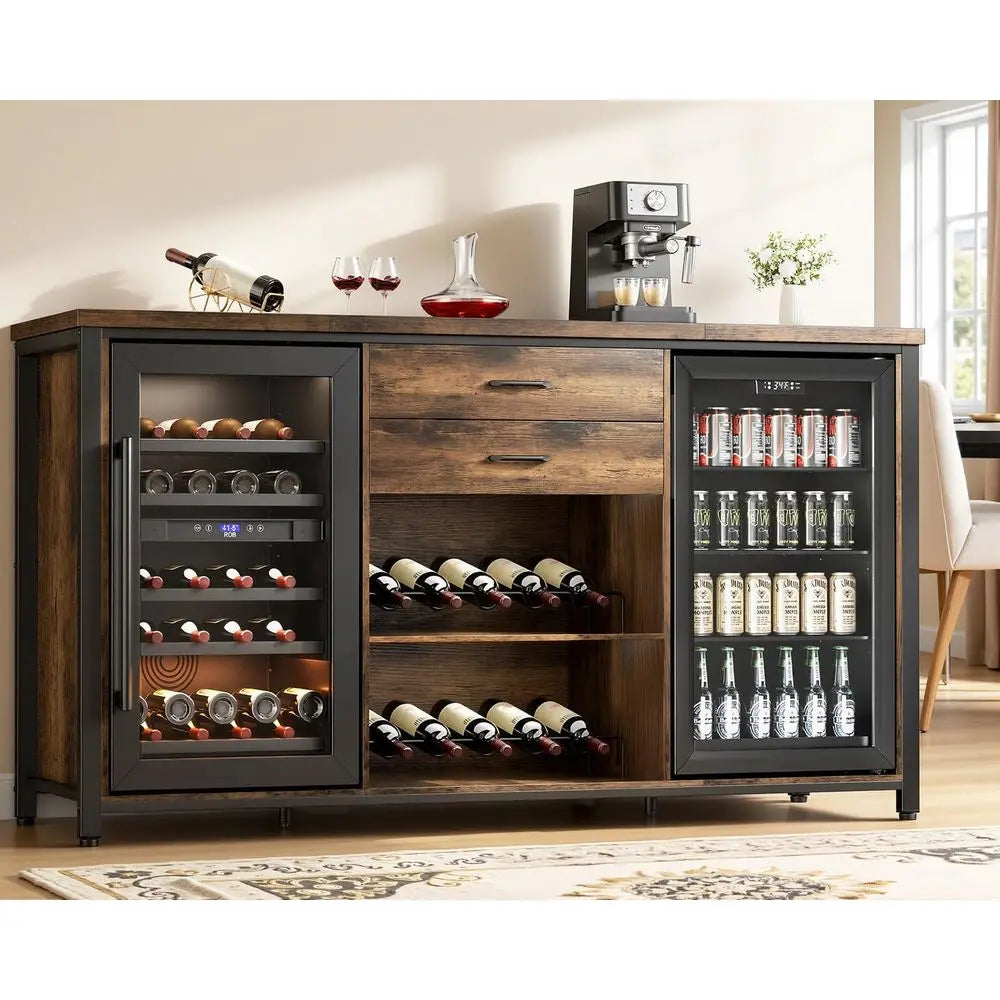 Large Coffee and Wine Cabinet with Ridge Storage, 70.8 Long, Wooden Buffet Sideboard, Home Bar Cabinet with Drawers, Rustic Brow