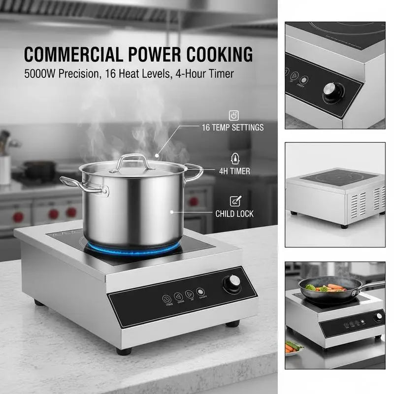 Portable Induction Cooktop, 5000W Commercial Induction Burner with 16 Temperature Settings, Stainless Steel Countertop Induction Hot Plate with 4H Timer, Child Lock, for Restaurant Cooking