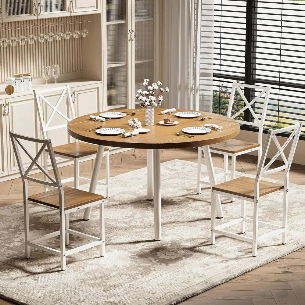 4-Person Round Kitchen Table with 4 Stools, 44.5 Drop Leaf Desk, Space-Saving Natural Wood Dining Set
