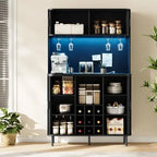 71-Inch Modern Fluted Bar Cabinet With Blue LED Backlight, 4 Integrated Wine Glass Holders, Storage Compartments And Coffee Area