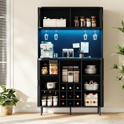 71-Inch Modern Fluted Bar Cabinet With Blue LED Backlight, 4 Integrated Wine Glass Holders, Storage Compartments And Coffee Area