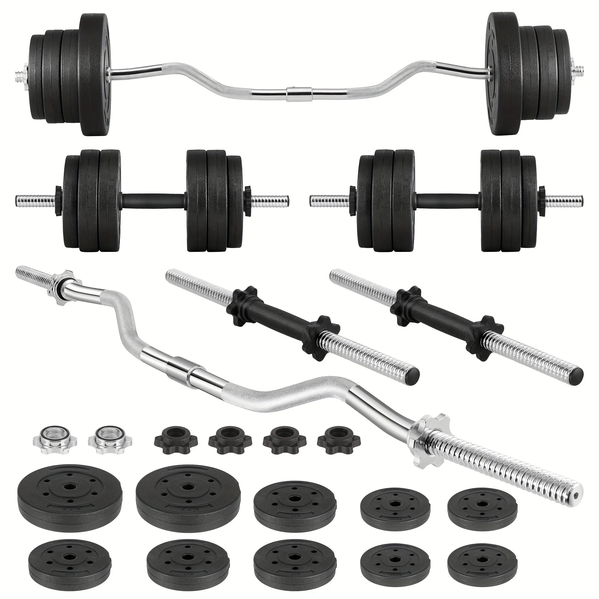 70LB 2-in-1 Barbell Set with Curl Bar & Weight Plates - Convertible Dumbbells for Full-Body Gym Workouts, Weightlifting System for &, No Additional Equipment Needed ()