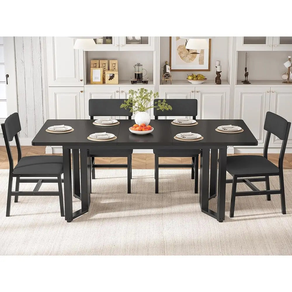 Black 63 Extendable Dining Table Set for 4-6 with Cushioned Chairs, Suitable for Small Spaces