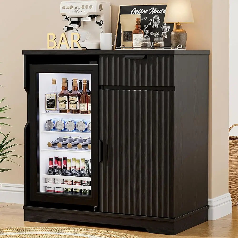 Ridge-Style Liquor and Wine Bar Cabinet with Refrigerator, Pull-Out Drawer & Storage, 31.5 for Home, Kitchen, Dining Room in Bla