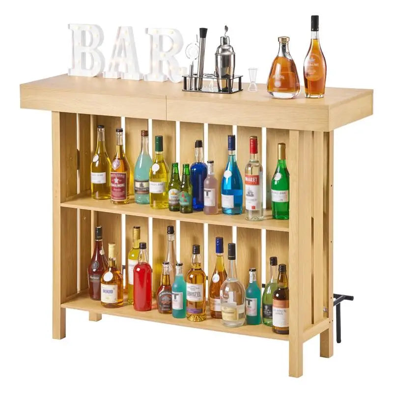 Home Bar Unit, Wine Bar Cabinet Table 3-Tier with Storage Shelves, Opener Storage Box & Adjustable Foot Pads, Black Footrest, Wood & Metal Liquor Cabinet for Home, Basement, Kitchen, Living Room