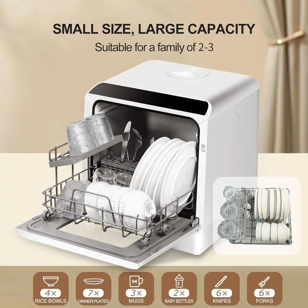 Countertop Dishwasher, Countertop Dishwasher With Water Tank, Dryer, Upper and Lower double spray arms, 360-degree cleaning. Lav