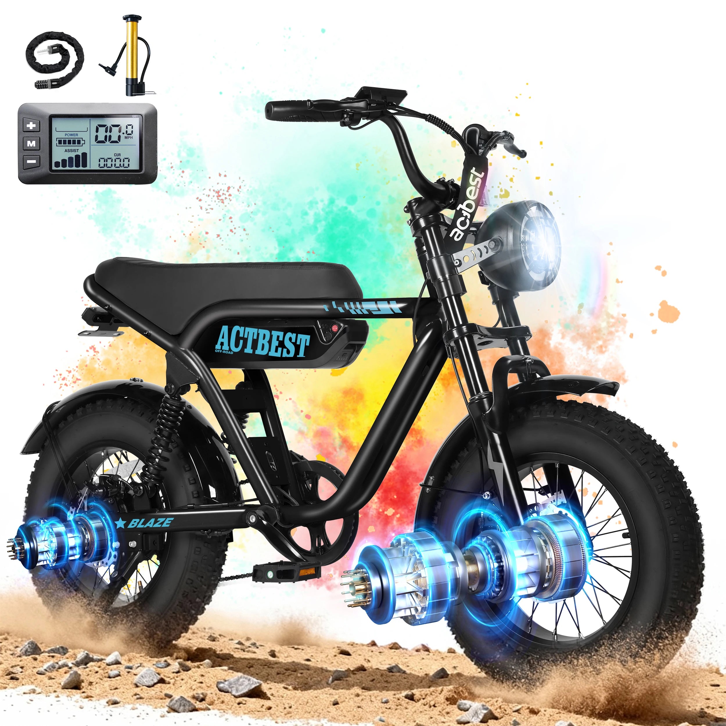 ActBest Blaze Electric BiNke, 16" Fat Tires Electric Mountain Bike, 1200W Peak Motor 48V 10.4Ah, 25 MPH 55Mi Range Off-Road Ebike with Full Suspension, with Free Bike Lock