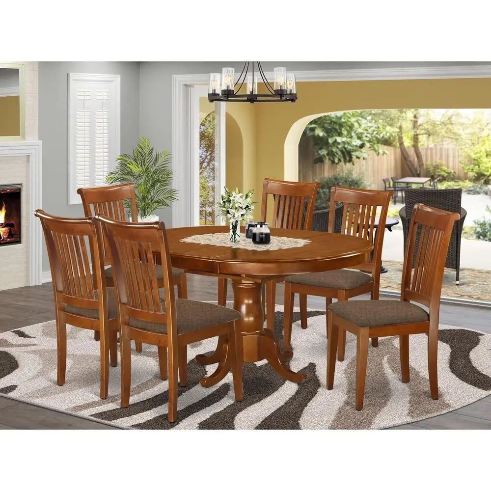 Oval Dining Table Set with 6 Linen-Fabric Chairs, 42x60 Inches, Brown