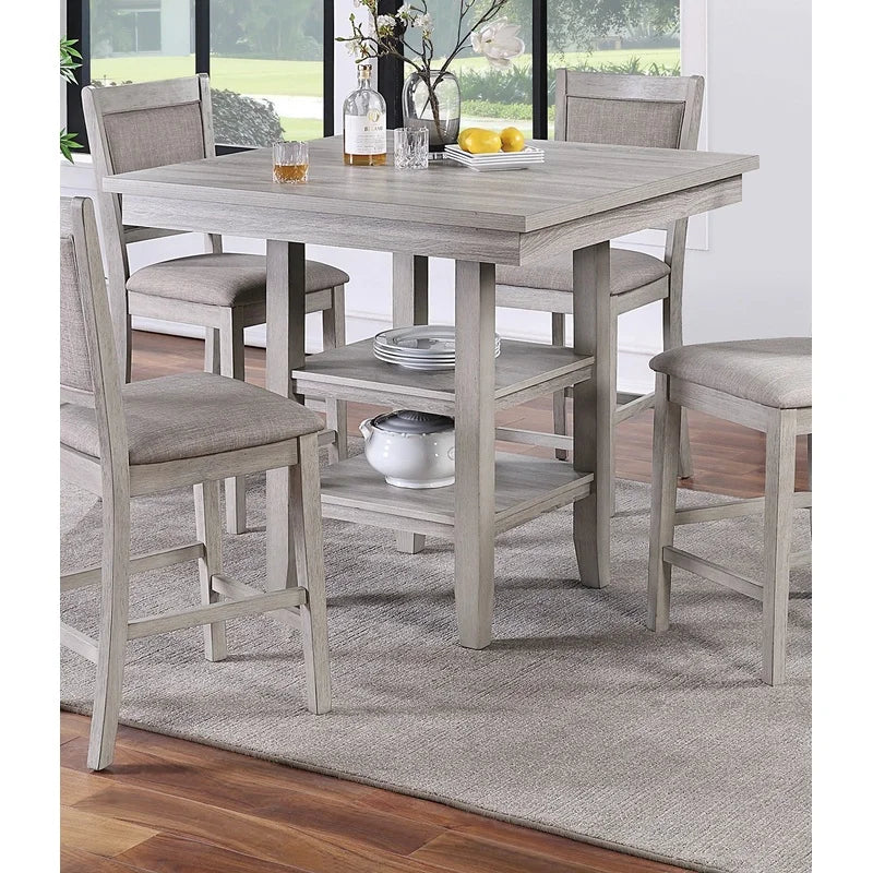 Modern Rustic Grey Square Dining Table Set with Shelves and Cushioned Chairs, 5-Piece Counter Height Furniture