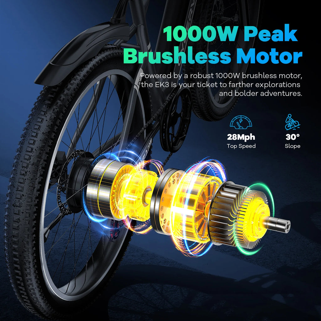 Cybervelo EK3 1000W Peak 48V Waterproof Battery 26" 7-Speed Electric Bike Adult Ebike for Commute Beach Snow Men Women
