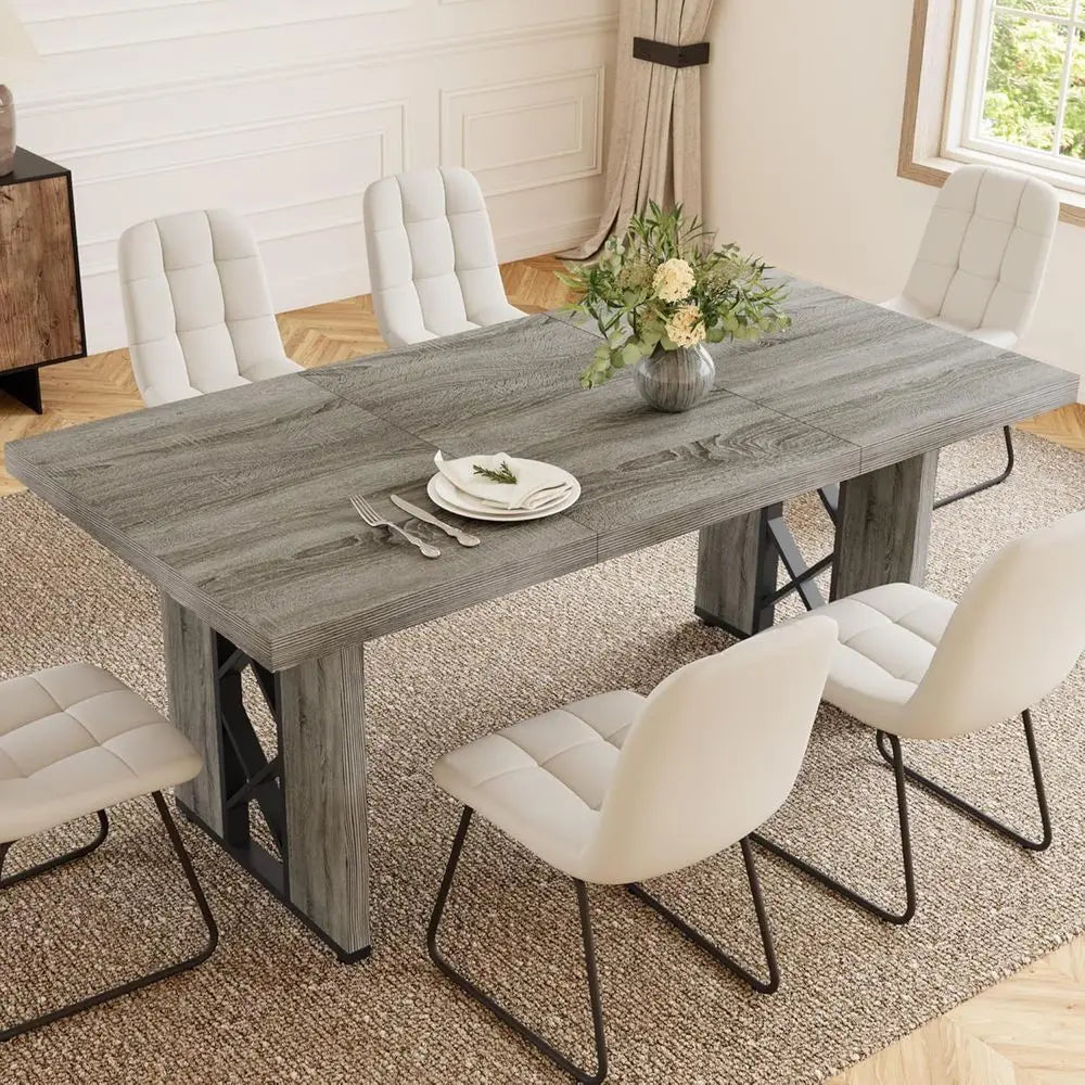 7-Piece Dining Set: 70.8 Grey Kitchen Table with 6 White Upholstered Chairs for Space-Saving Dining