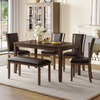 6-Piece Farmhouse Dining Set with Bench and Chairs, Dark Walnut Wooden Table for 6, Rustic Kitchen or Dining Room