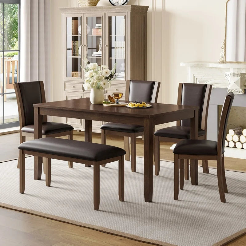 6-Piece Farmhouse Dining Set with Bench and Chairs, Dark Walnut Wooden Table for 6, Rustic Kitchen or Dining Room