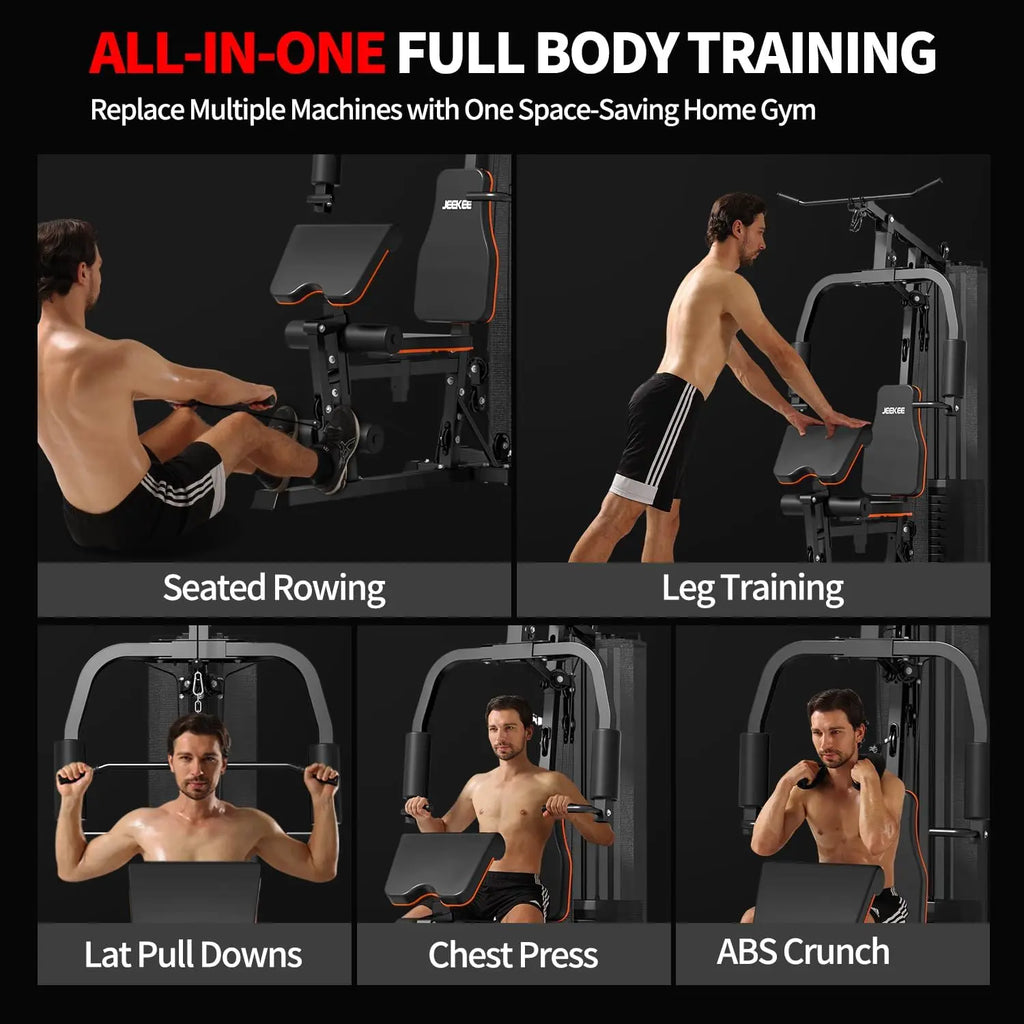 JEEKEE All in One Home Gym with 150LB Weight Stack, Multifunctional Home Gym Equipment for Full Body Workout, Space Saving Workout Machine with Chest Press, LAT Pulldown, Leg Extension
