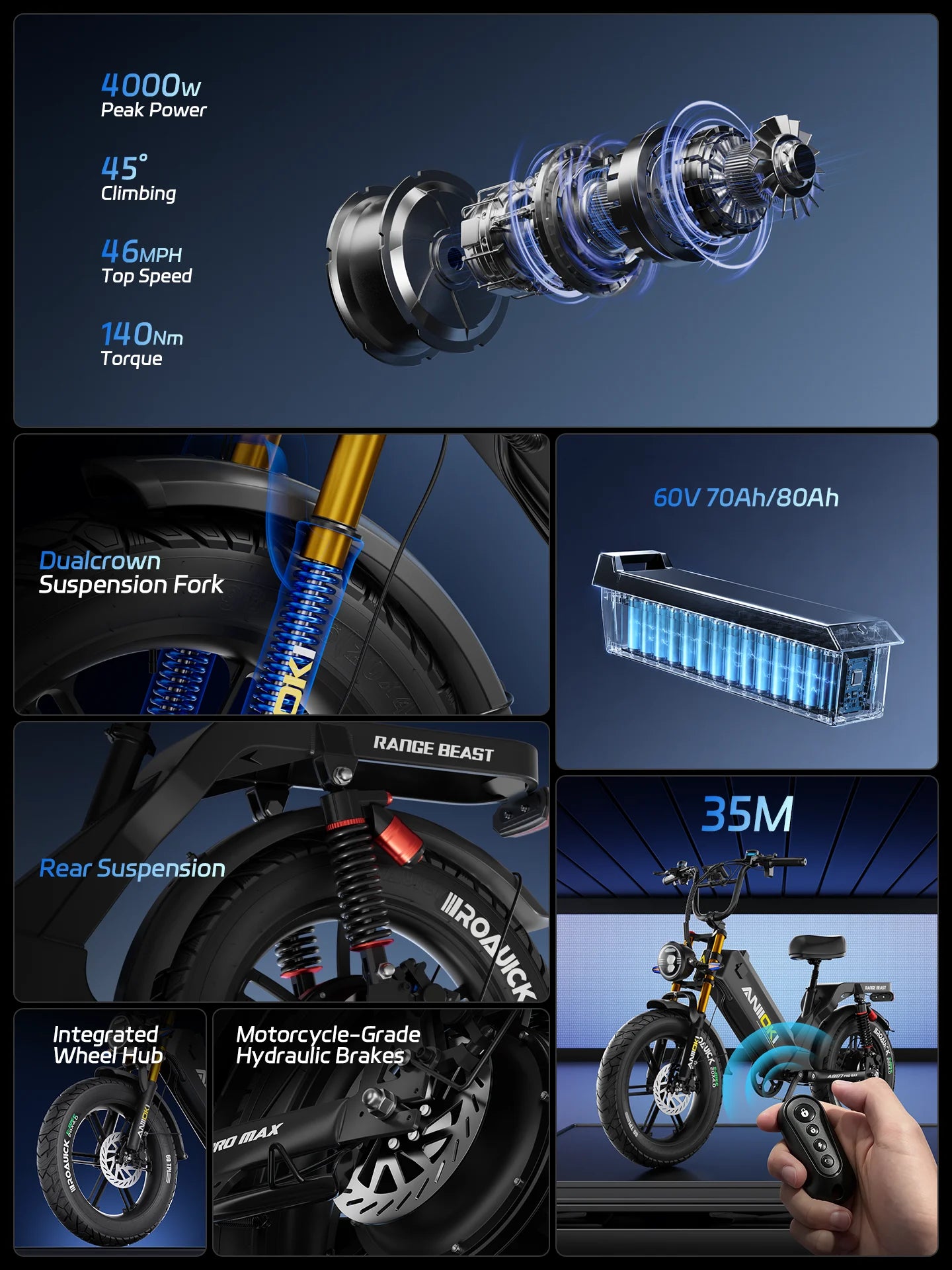 ANIIOKI Ebike AQ177 Pro Max Ultra Ebikes 4000W Motor Electric Bicycle 60V Ebike for Adult Long Range 46mph Fat Tires 20"*4"