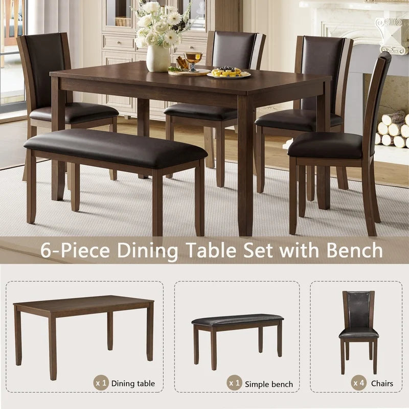 6-Piece Farmhouse Dining Set with Bench and Chairs, Dark Walnut Wooden Table for 6, Rustic Kitchen or Dining Room